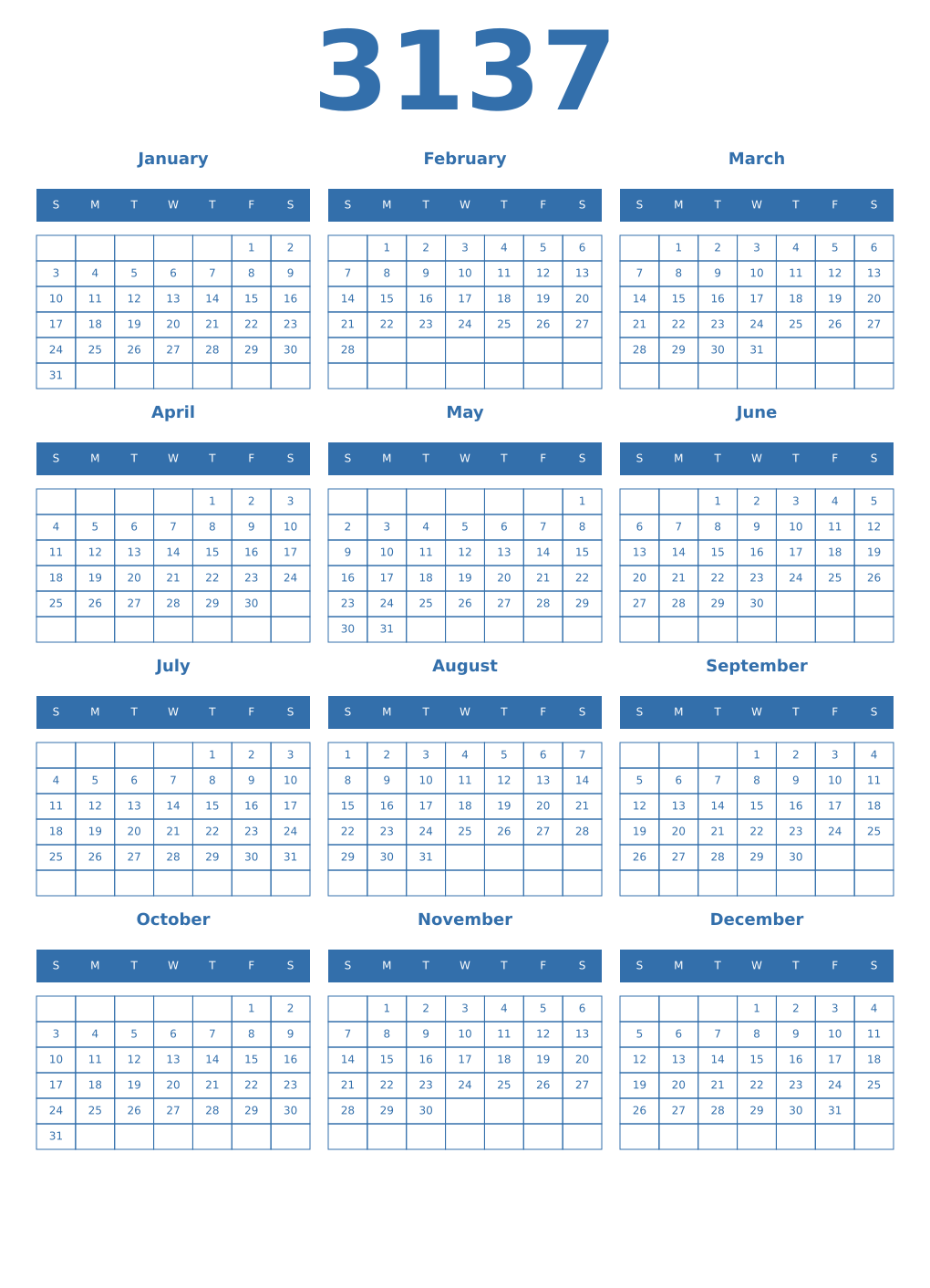 Printable 3137 Year Calendars blue
