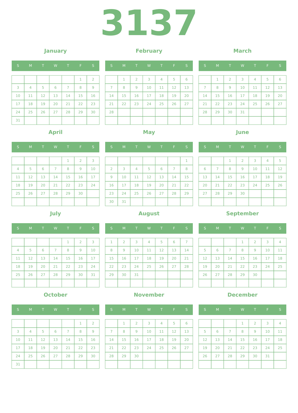 Printable 3137 Year Calendars celadon