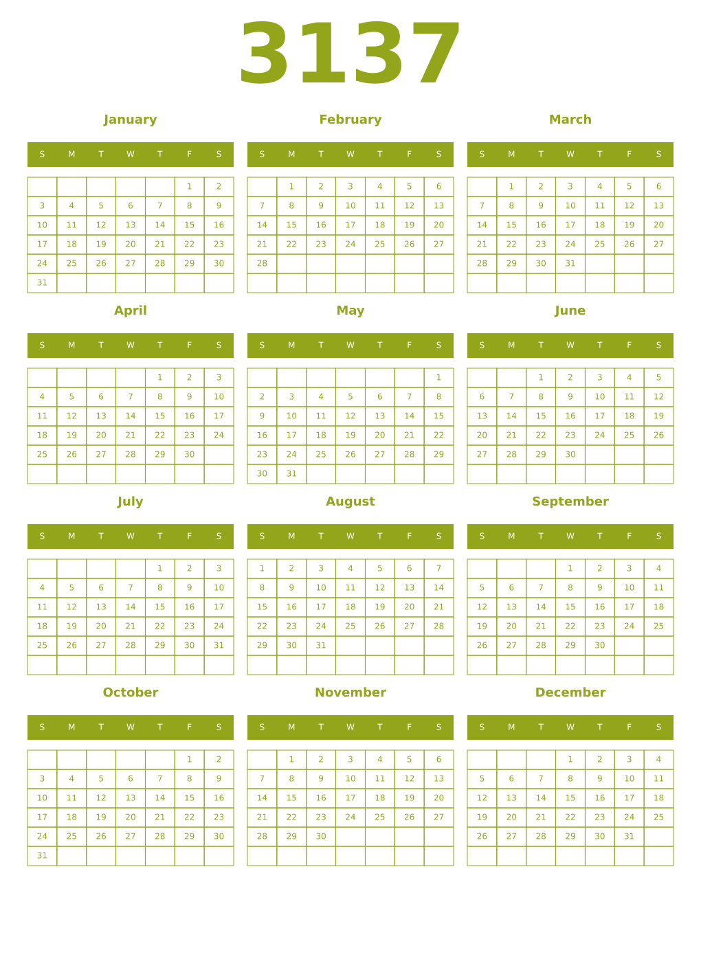 Printable 3137 Year Calendars chartreuse
