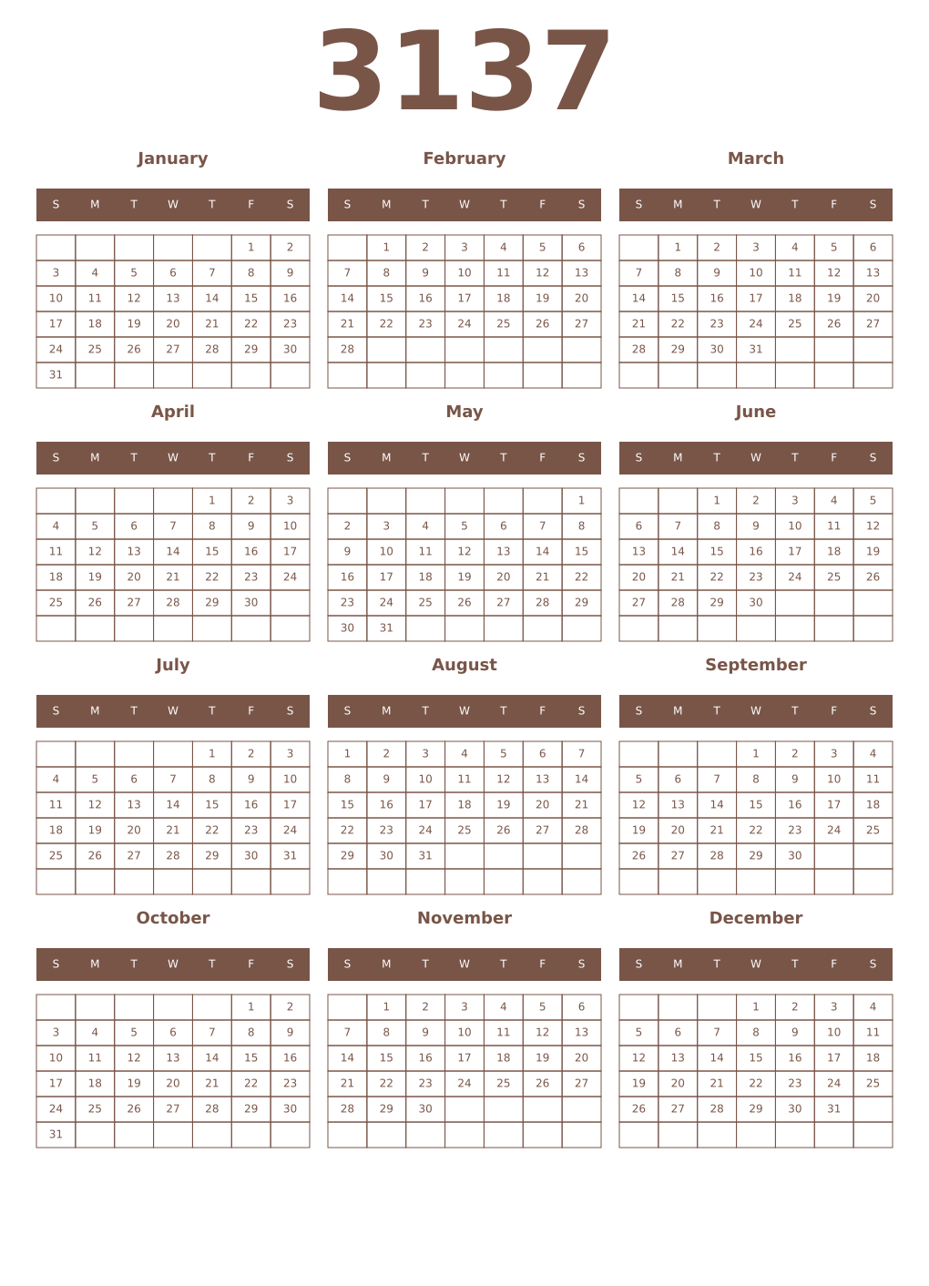 Printable 3137 Year Calendars coffe