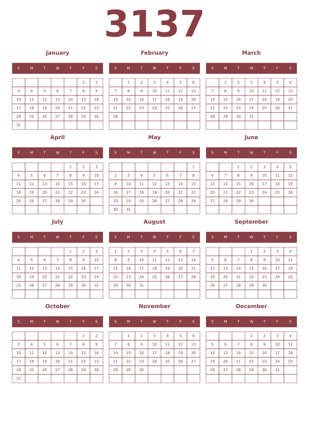 Printable 3137 Year Calendars cordovan