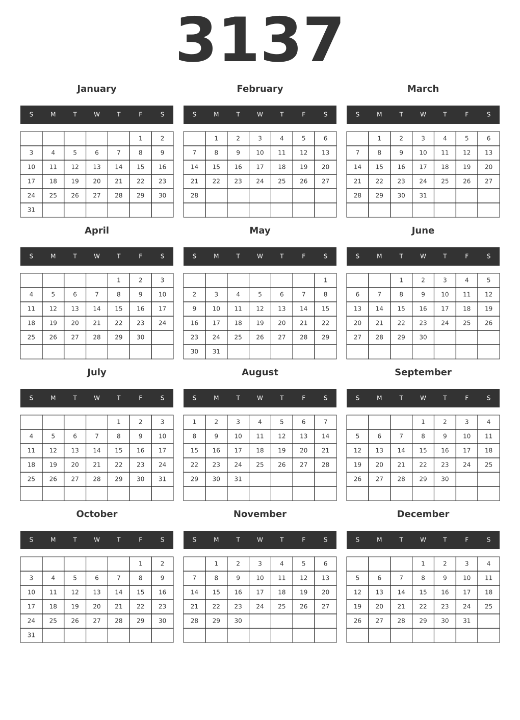 Printable 3137 Year Calendars dark