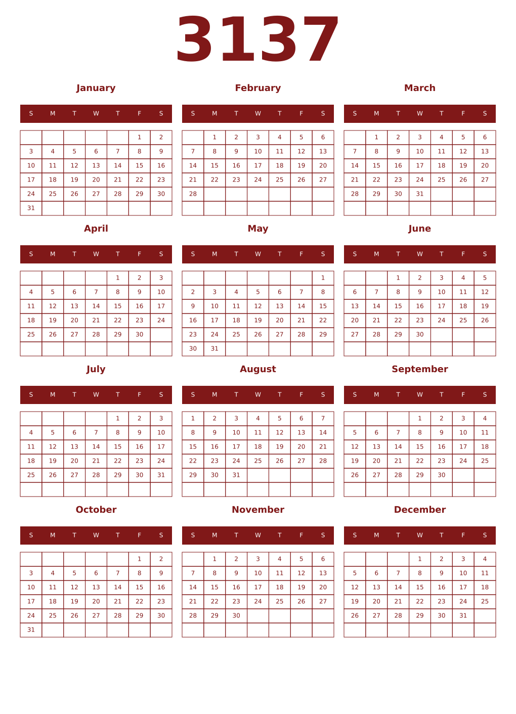 Printable 3137 Year Calendars falu