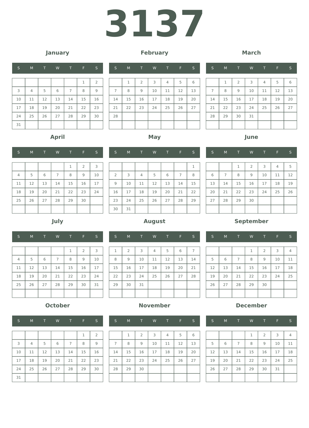 Printable 3137 Year Calendars feldgrau