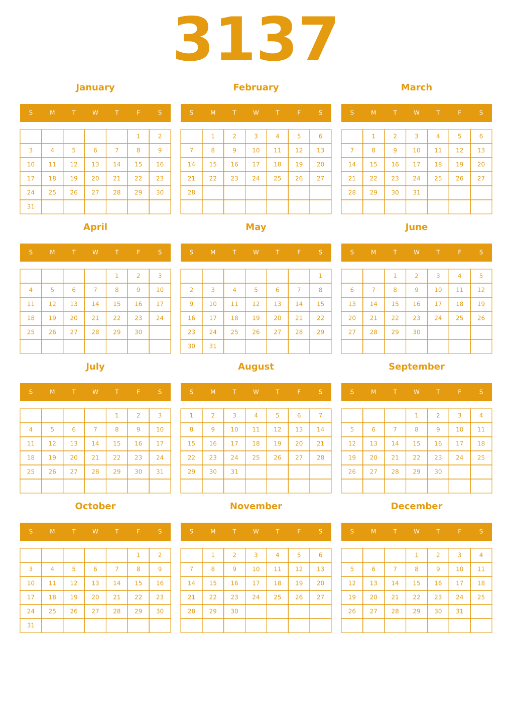 Printable 3137 Year Calendars gamboge
