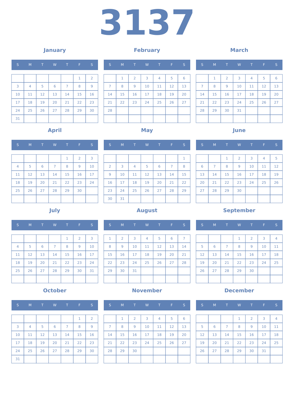 Printable 3137 Year Calendars glaucous