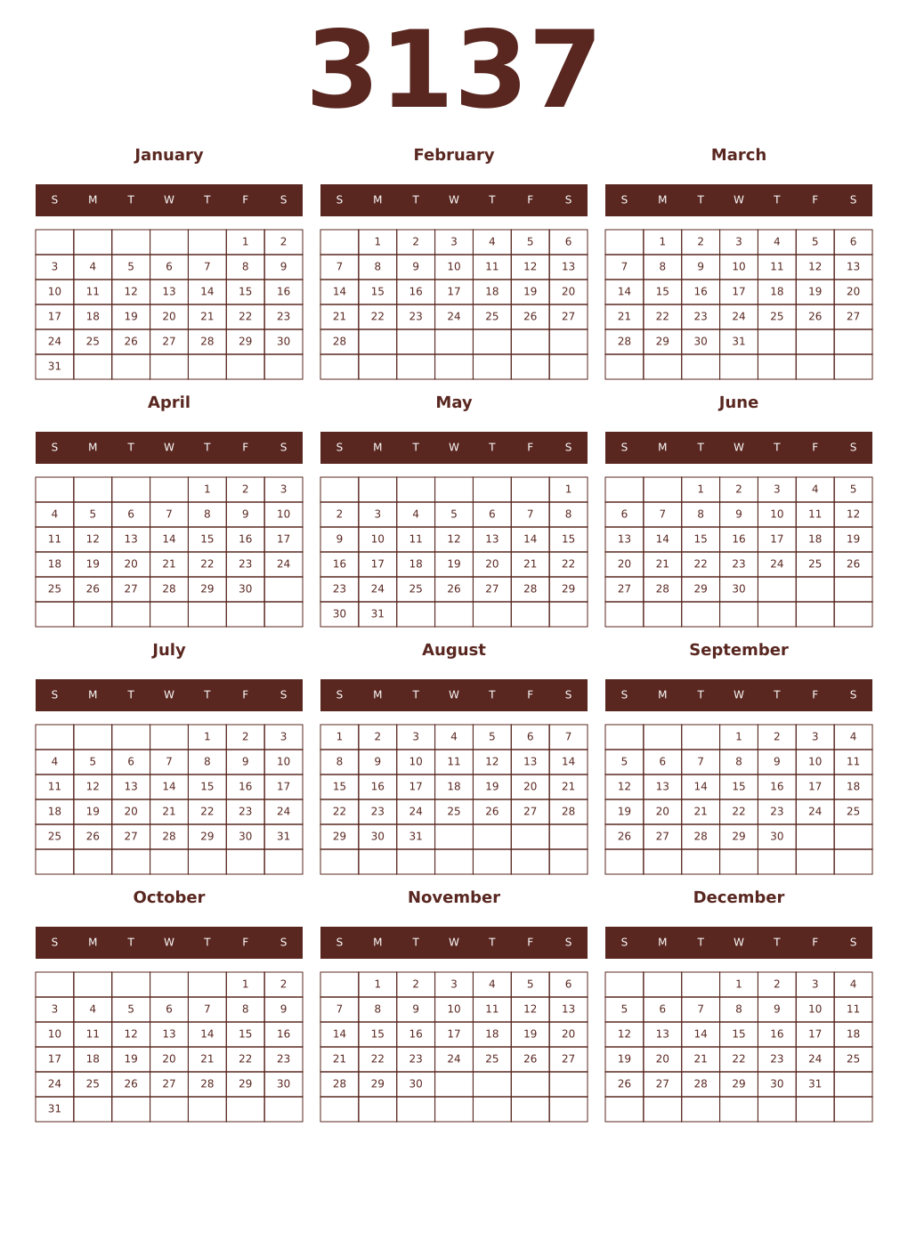Printable 3137 Year Calendars mortuum