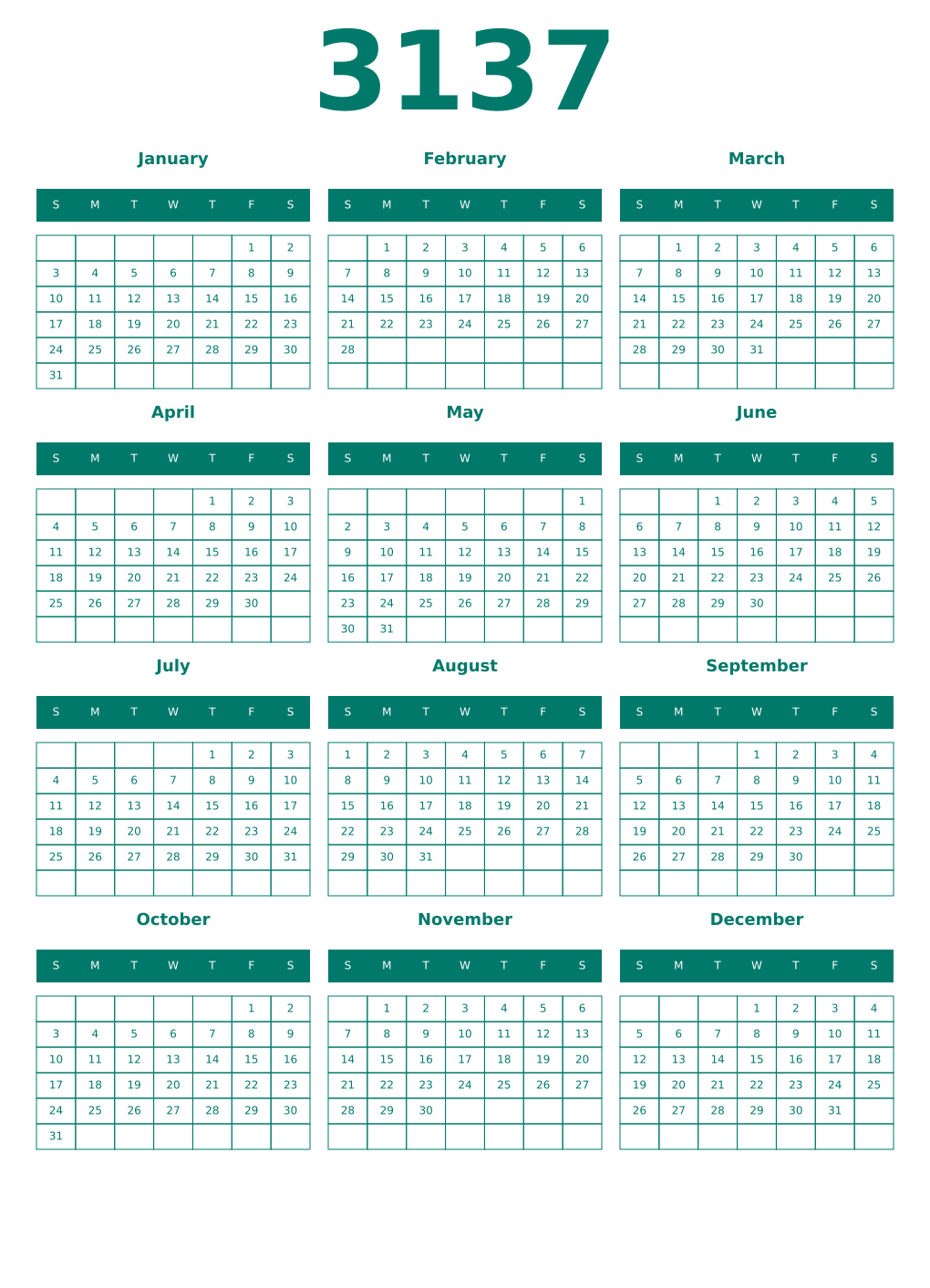 Printable 3137 Year Calendars pastel