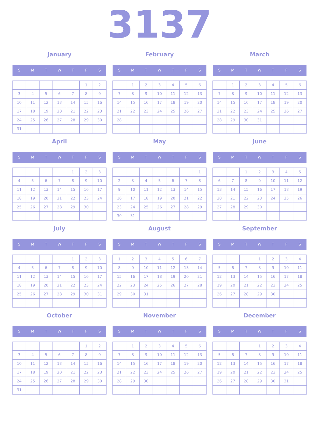 Printable 3137 Year Calendars periwinkle