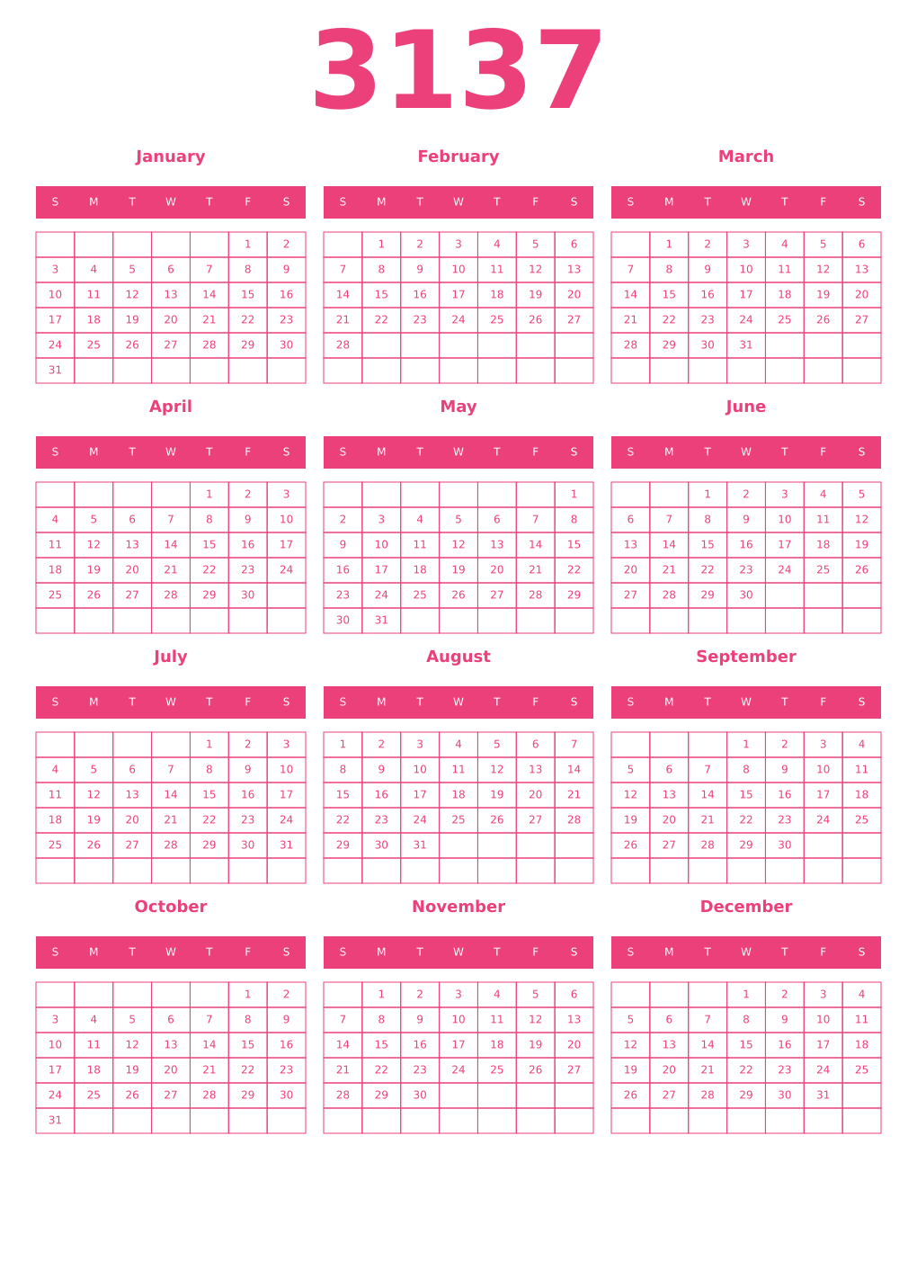 Printable 3137 Year Calendars pink