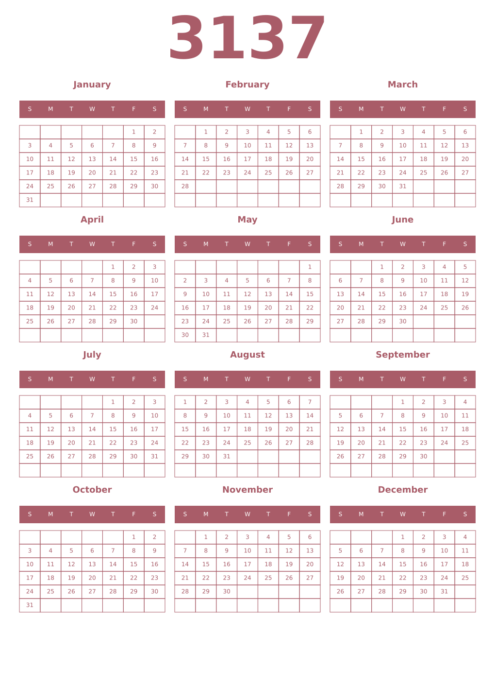 Printable 3137 Year Calendars puce