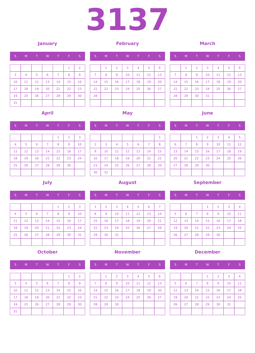 Printable 3137 Year Calendars purple