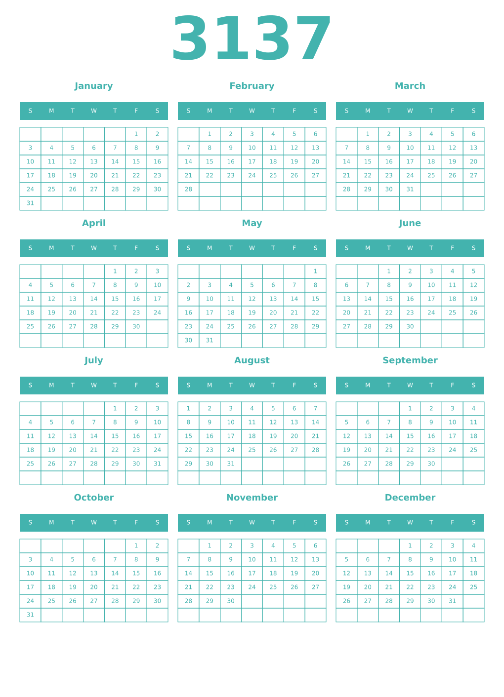 Printable 3137 Year Calendars verdigris