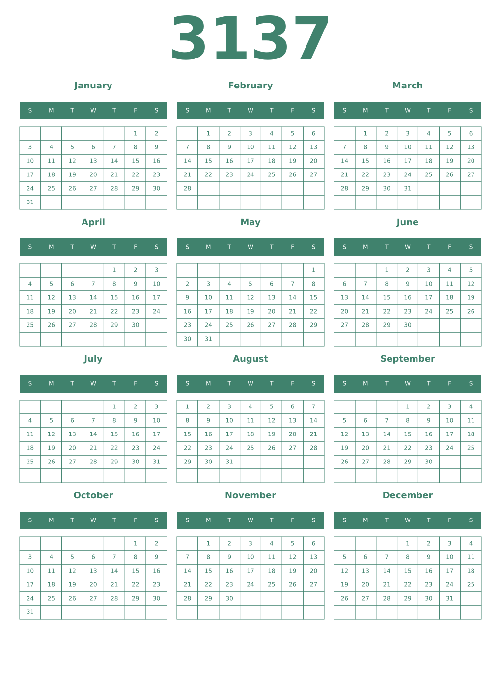 Printable 3137 Year Calendars viridian