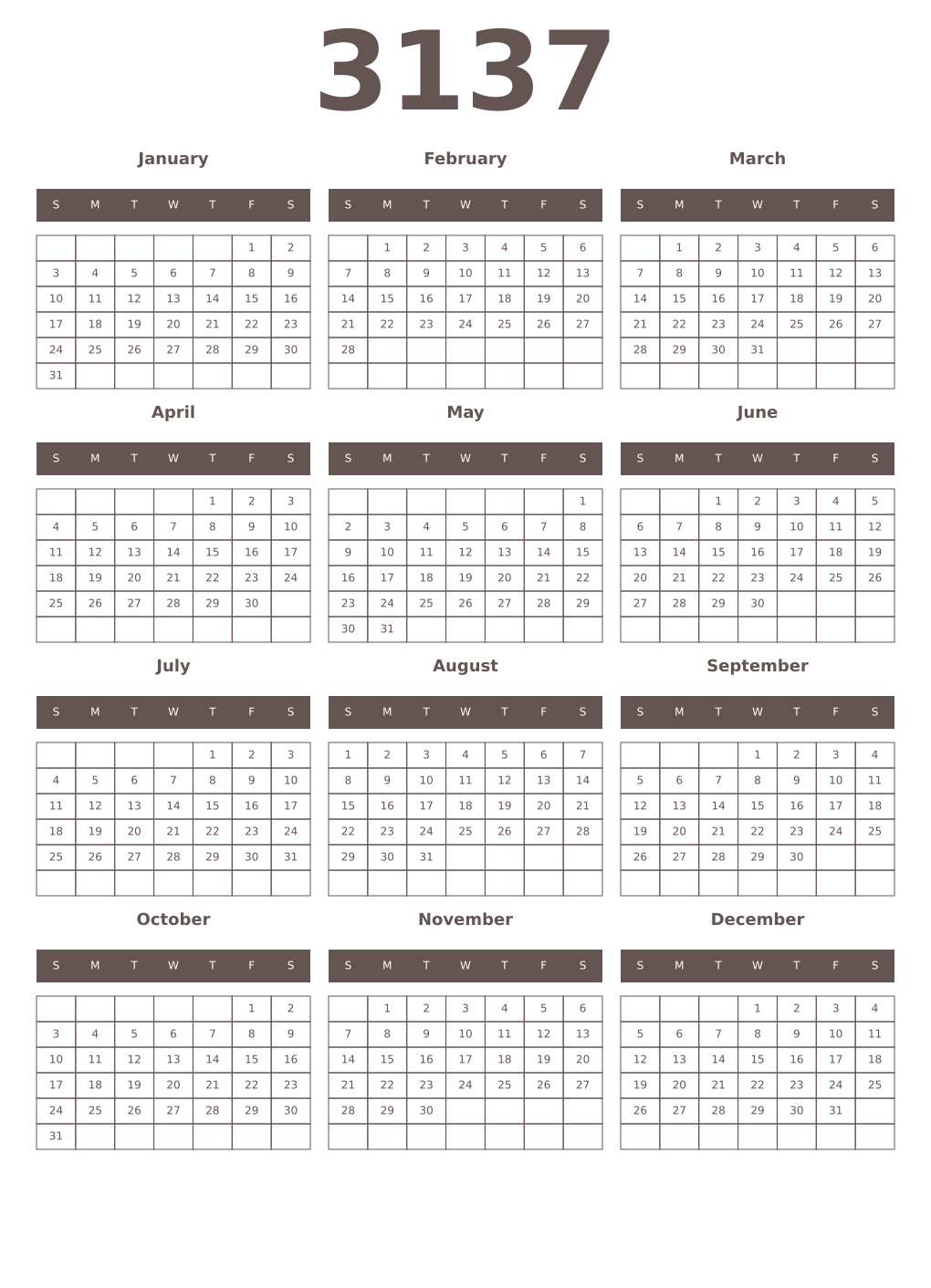 Printable 3137 Year Calendars wenge