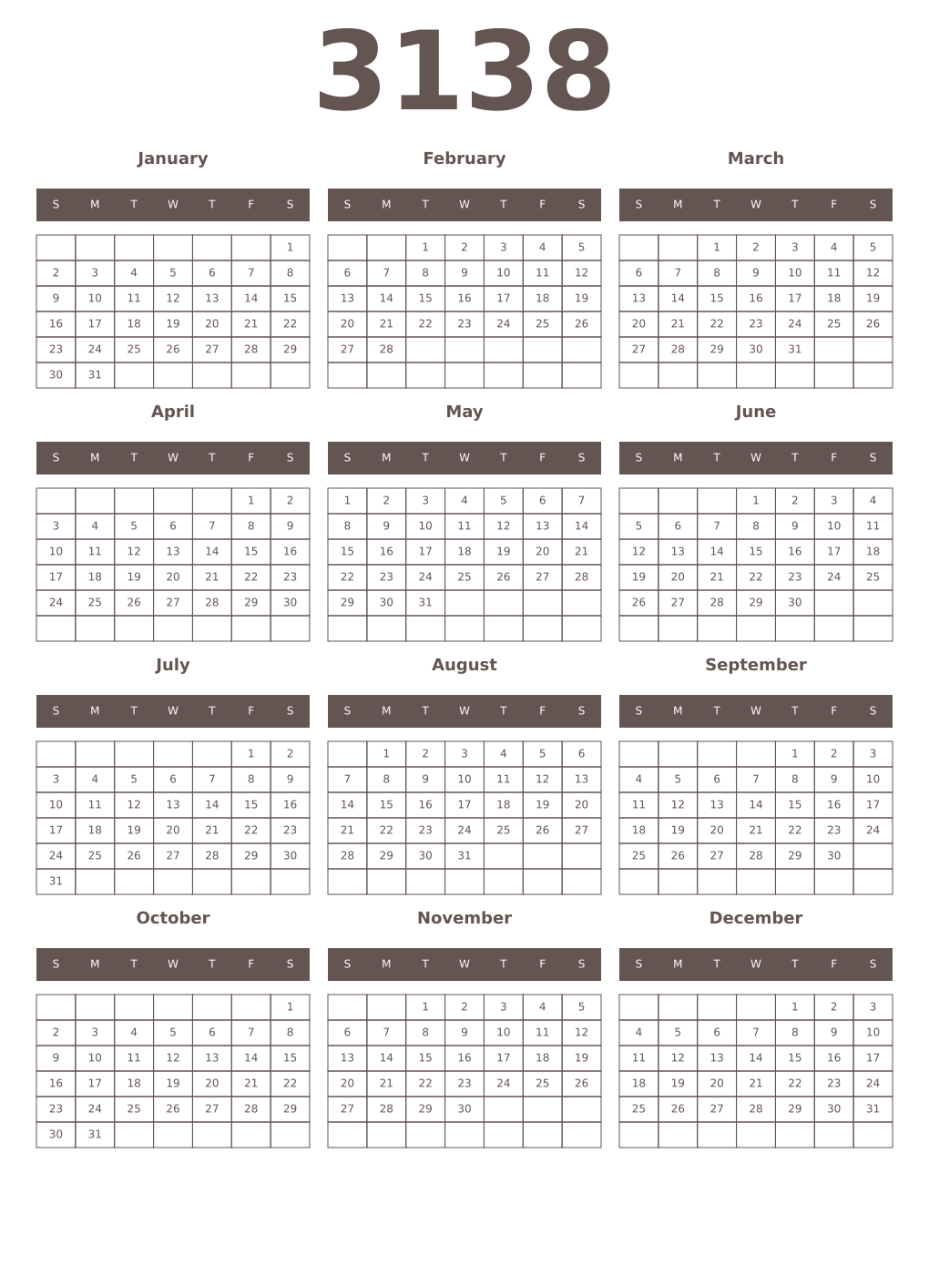 Printable 3138 Year Calendars wenge