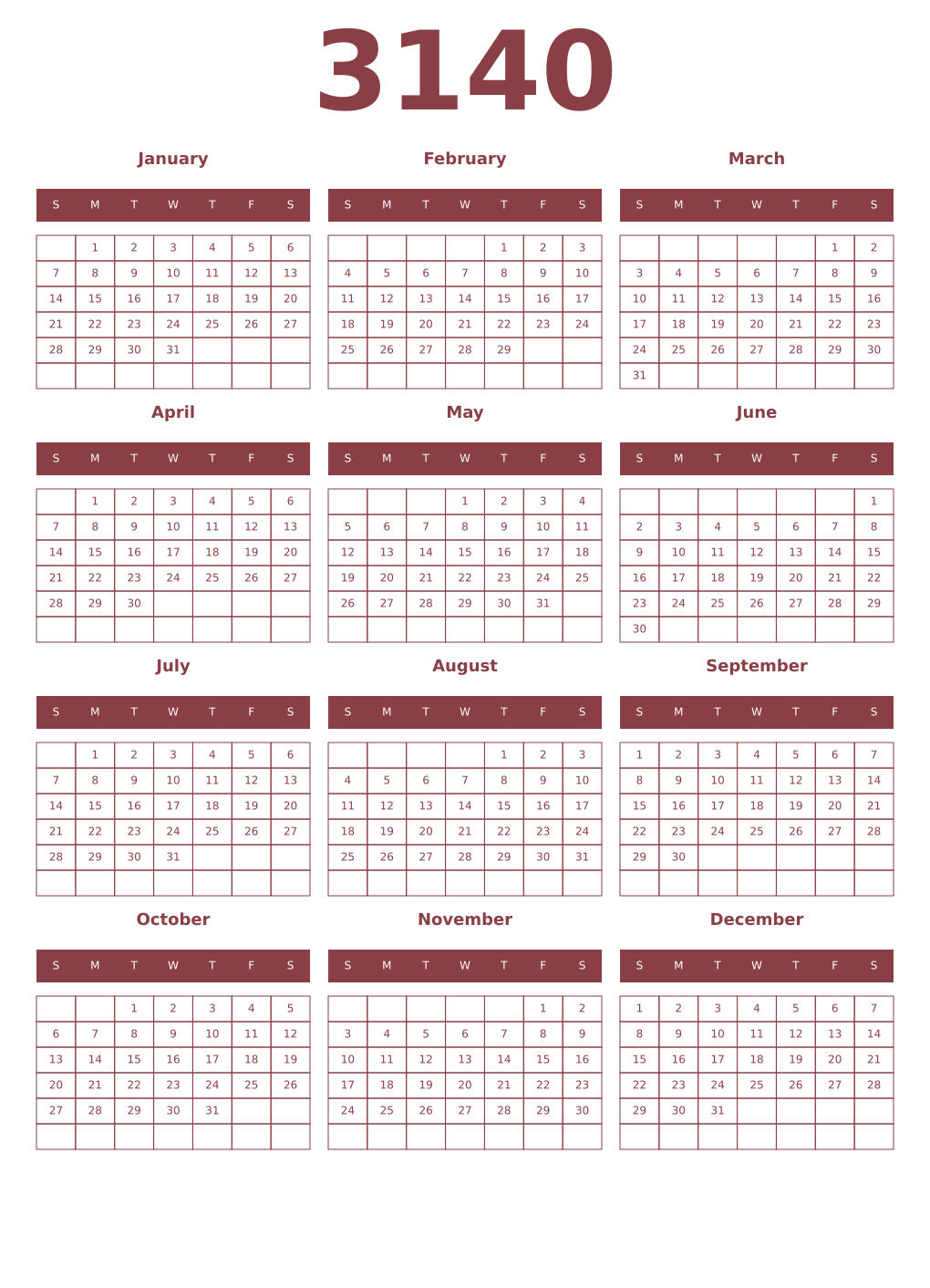Printable 3140 Year Calendars cordovan