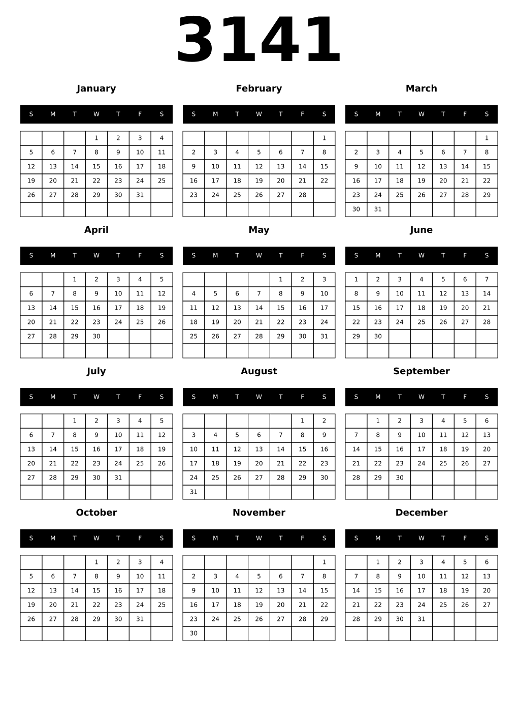 Printable 3141 Year Calendars black