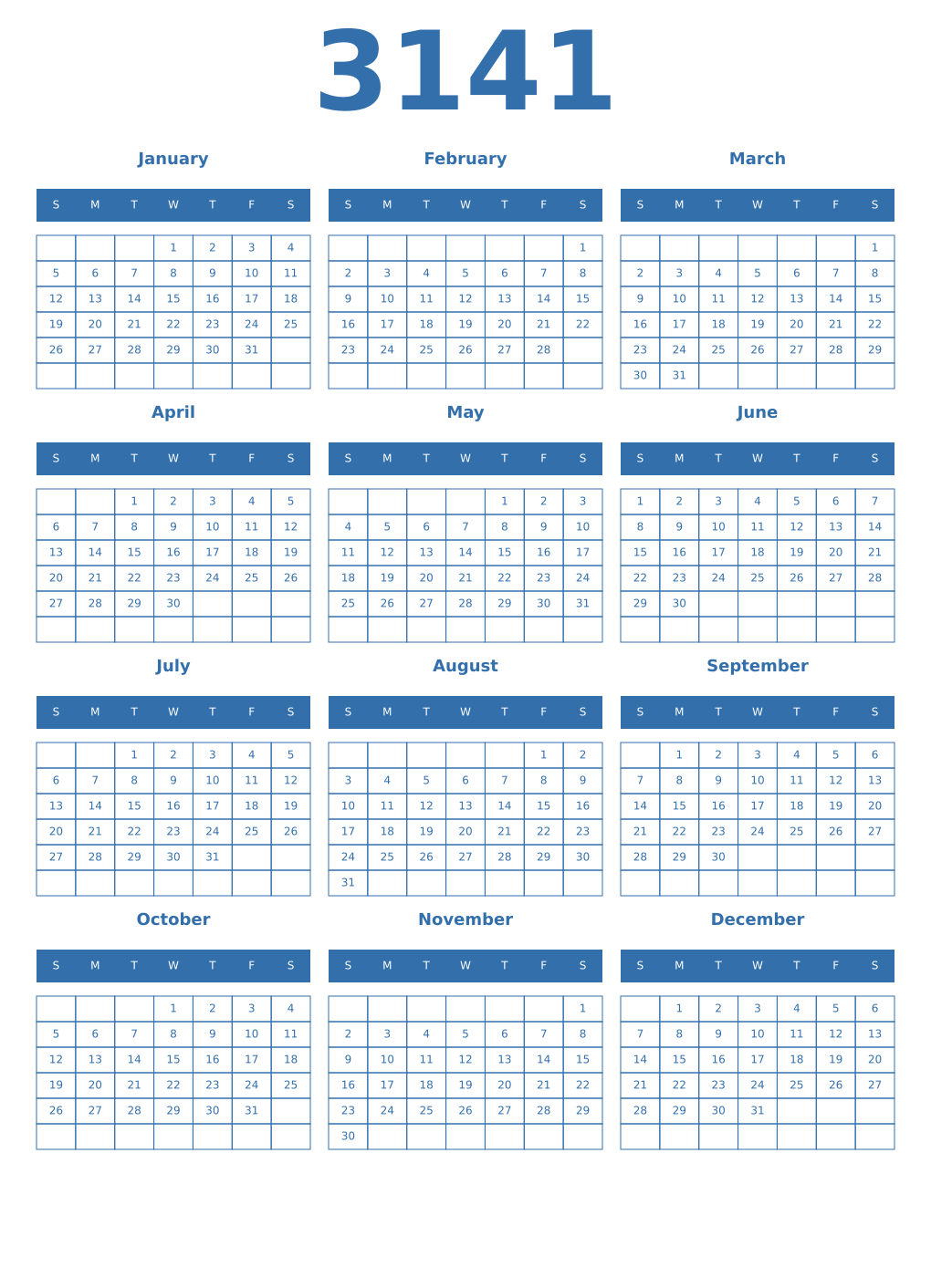 Printable 3141 Year Calendars blue