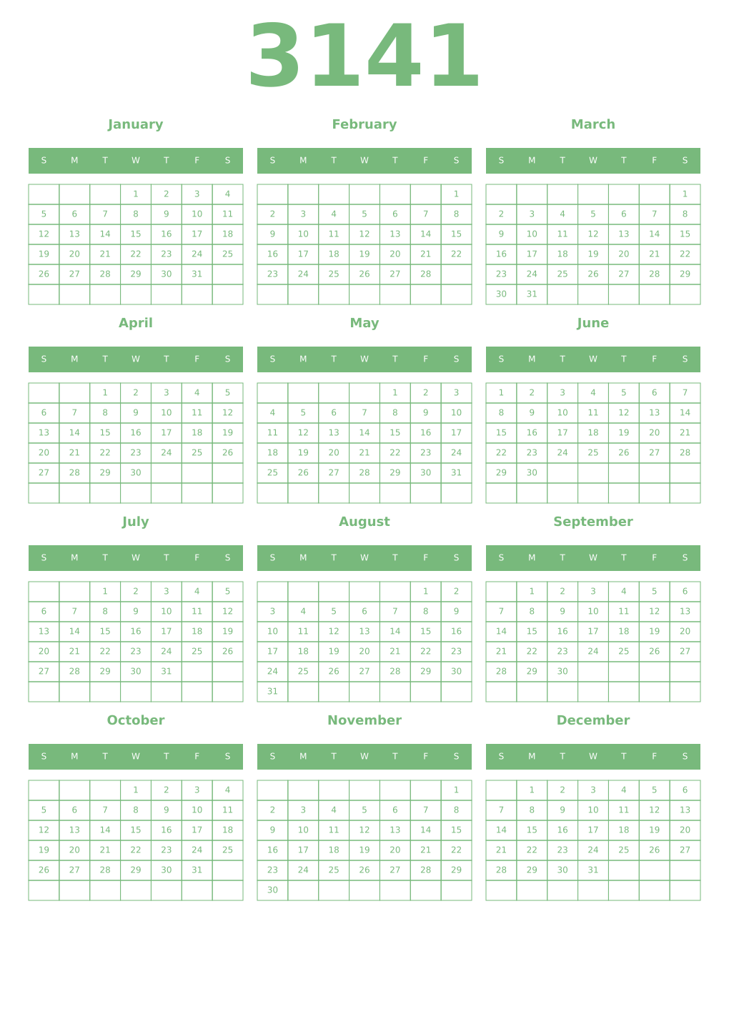 Printable 3141 Year Calendars celadon