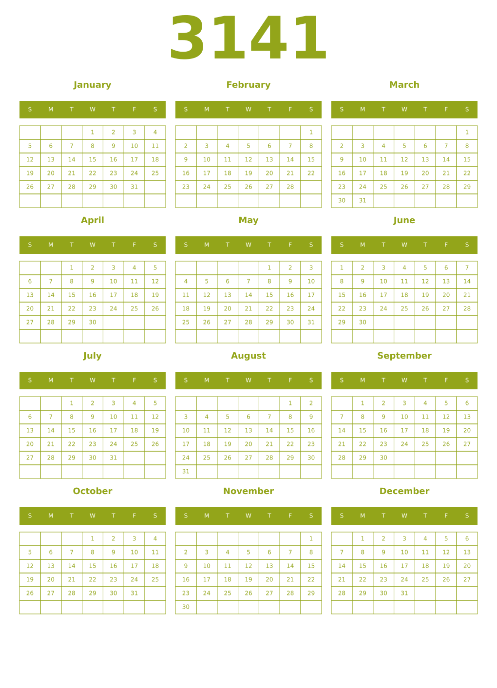 Printable 3141 Year Calendars chartreuse