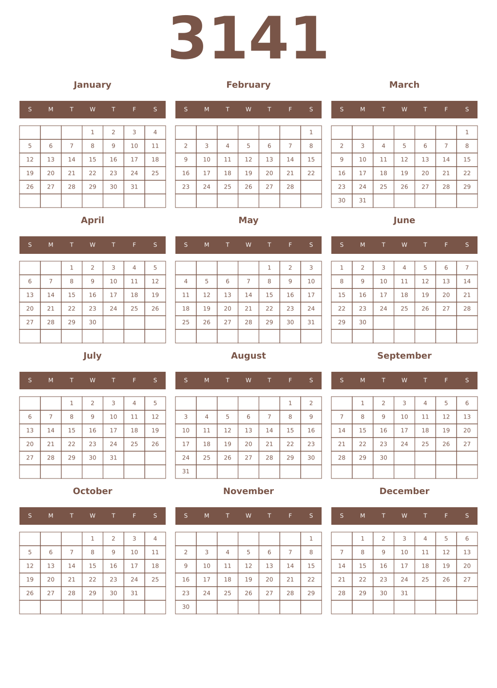 Printable 3141 Year Calendars coffe