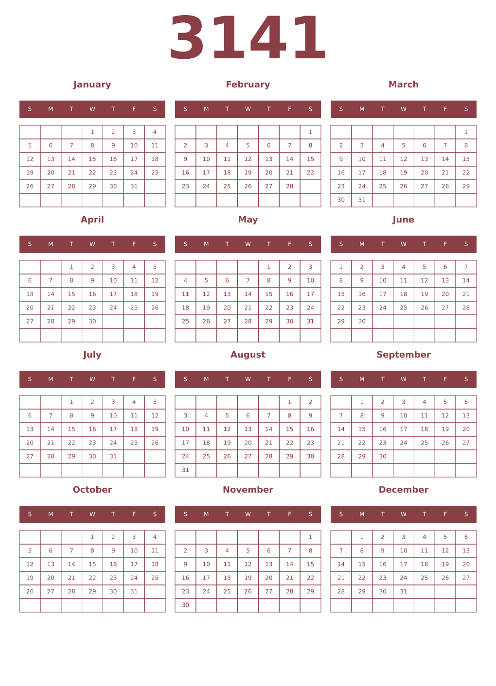 Printable 3141 Year Calendars cordovan