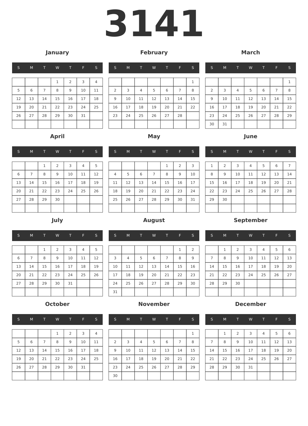 Printable 3141 Year Calendars dark