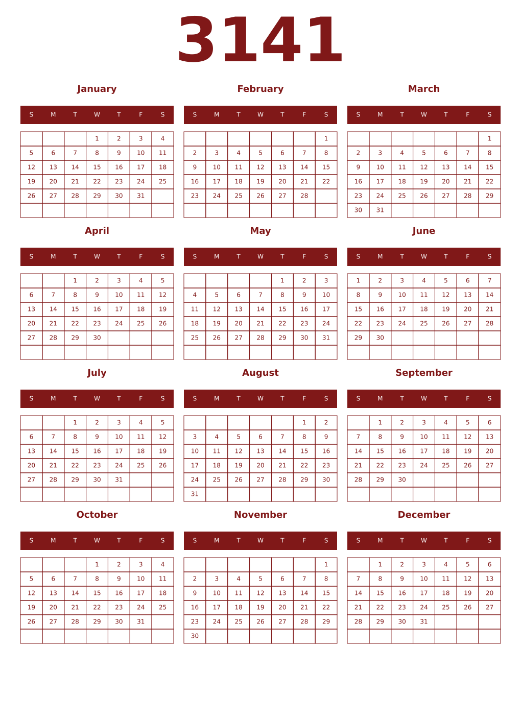 Printable 3141 Year Calendars falu