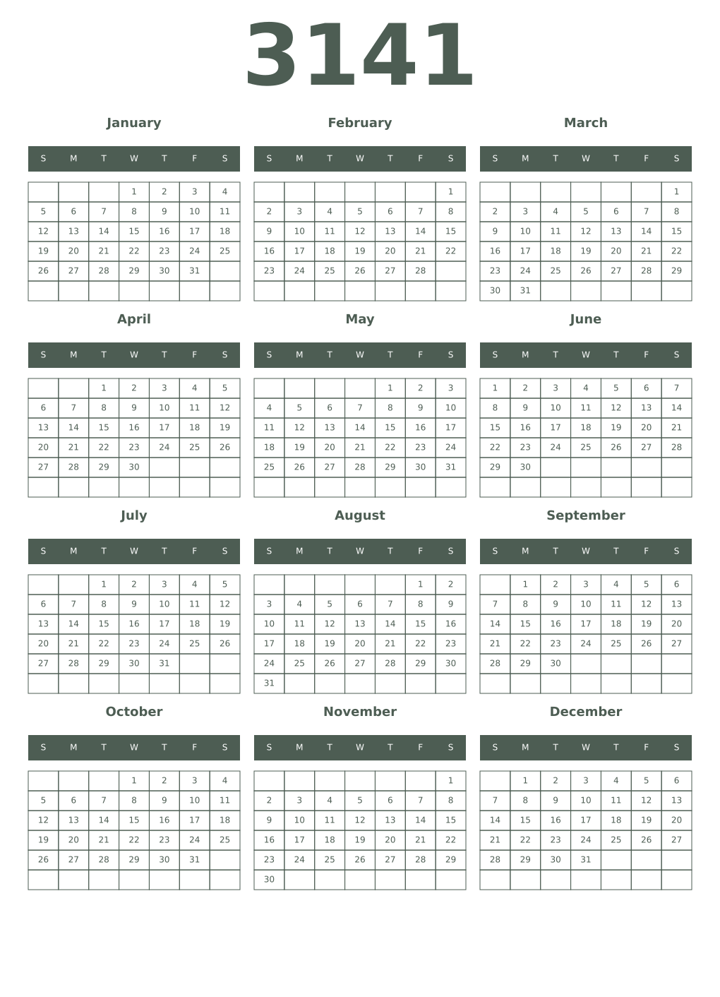 Printable 3141 Year Calendars feldgrau