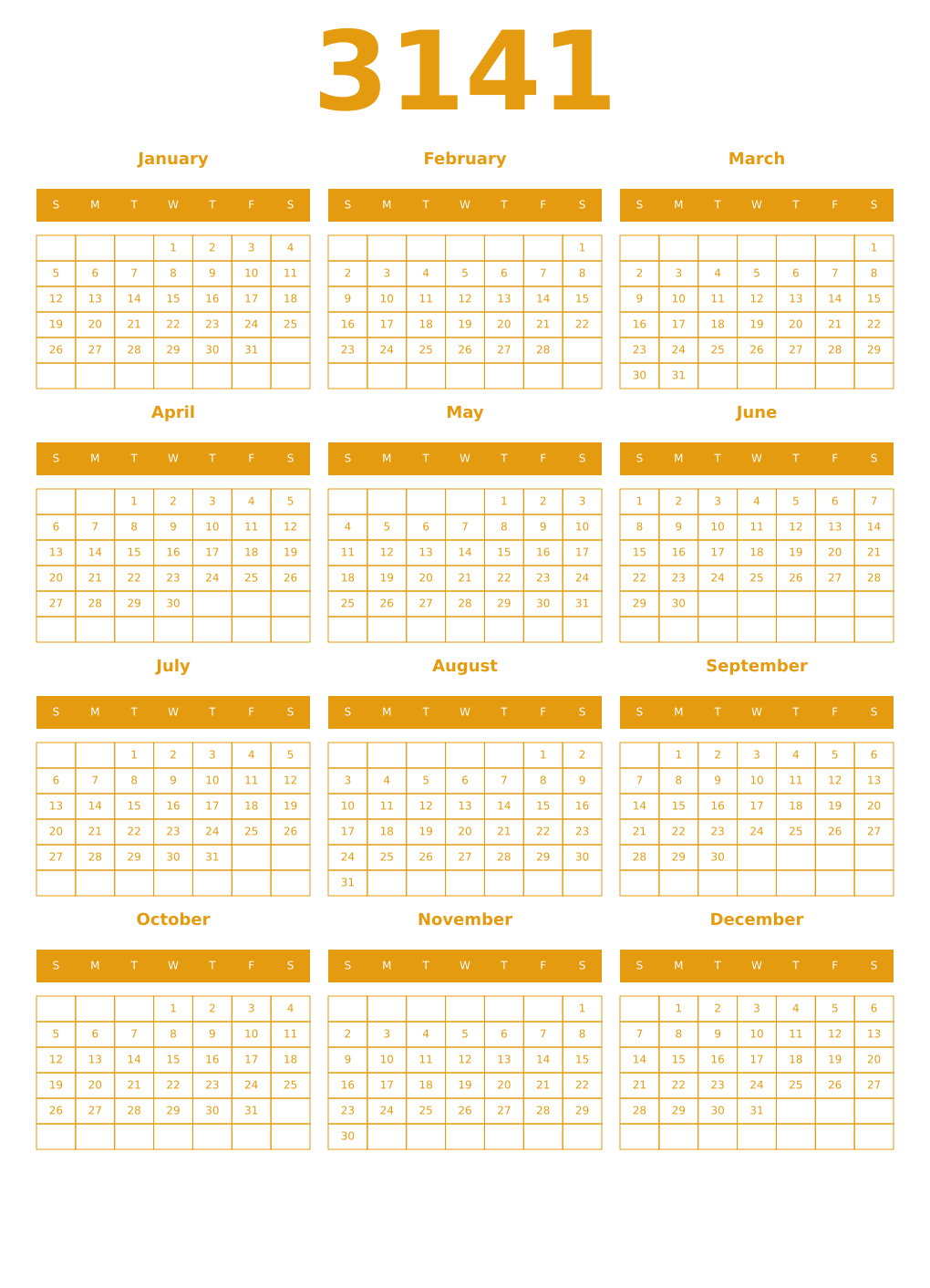 Printable 3141 Year Calendars gamboge