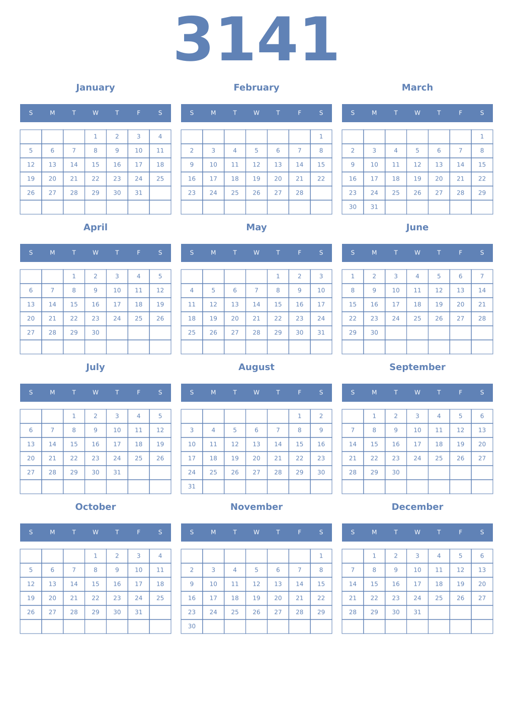 Printable 3141 Year Calendars glaucous