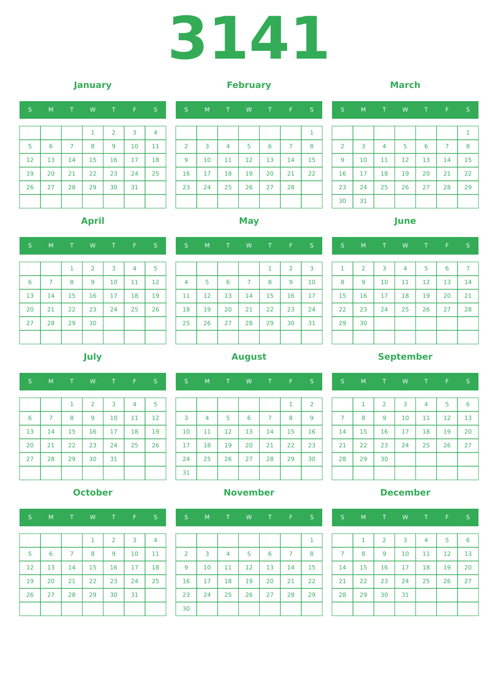 Printable 3141 Year Calendars green