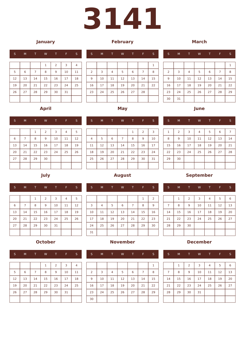 Printable 3141 Year Calendars mortuum