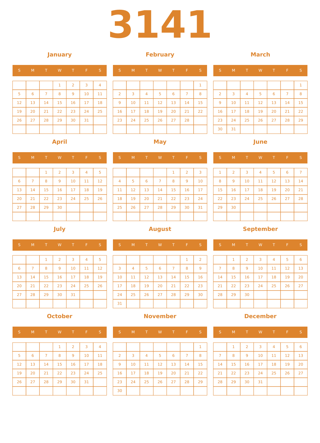 Printable 3141 Year Calendars orange