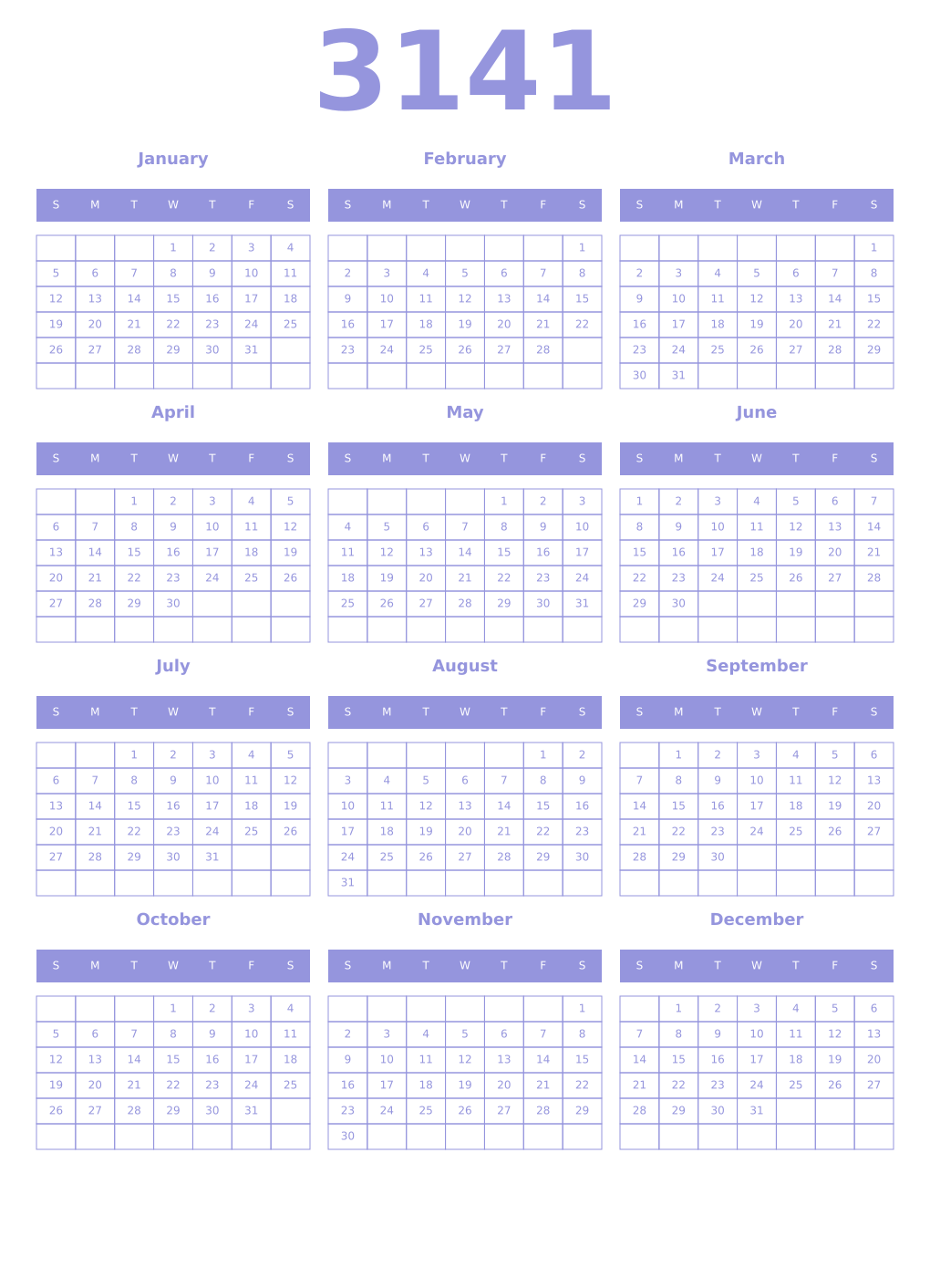 Printable 3141 Year Calendars periwinkle