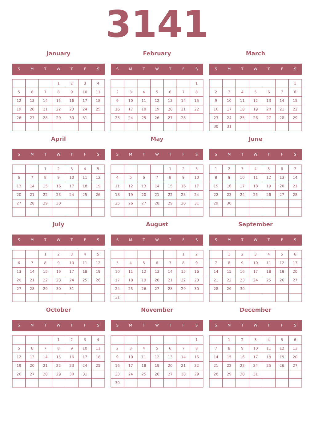 Printable 3141 Year Calendars puce
