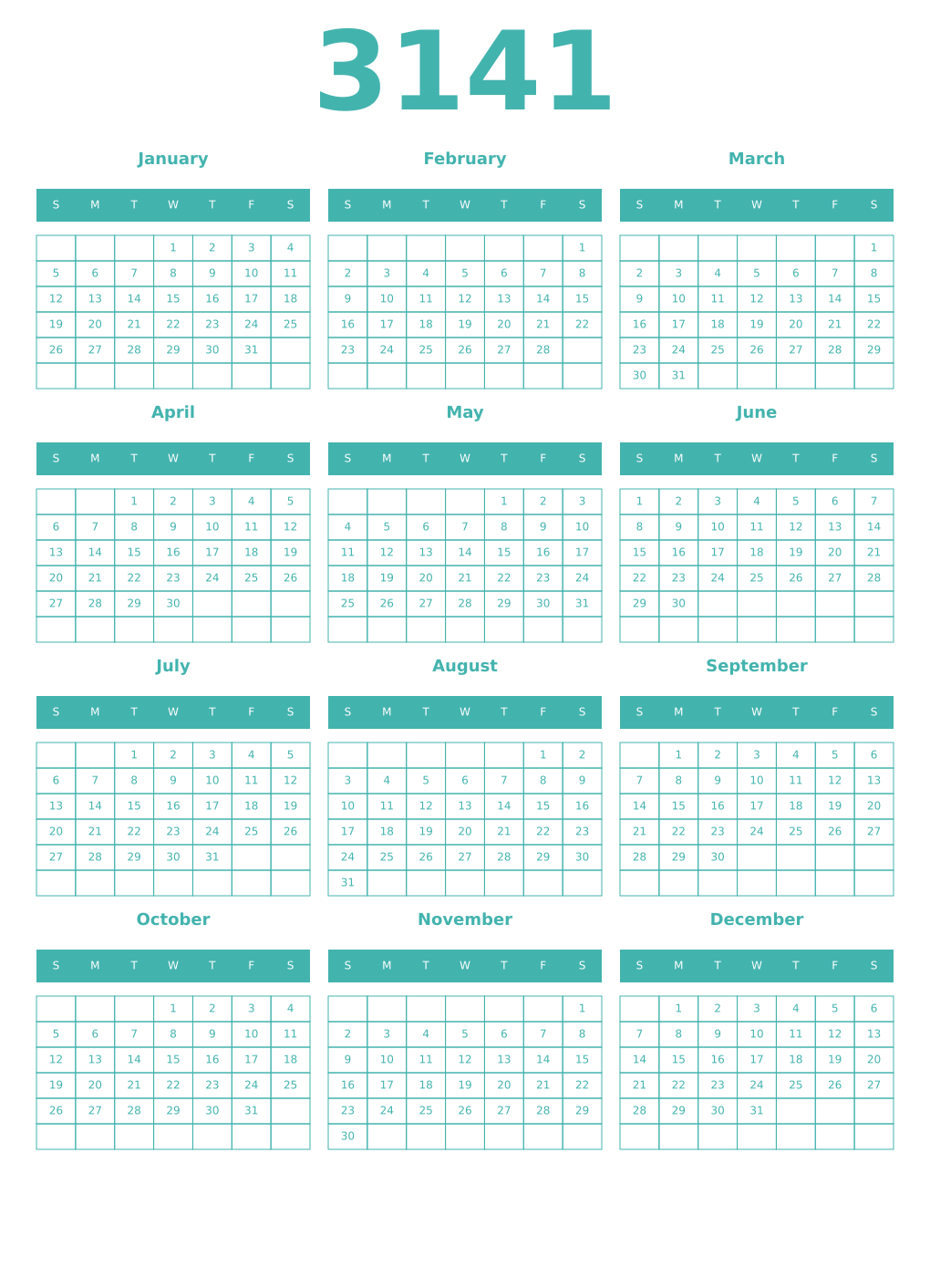 Printable 3141 Year Calendars verdigris