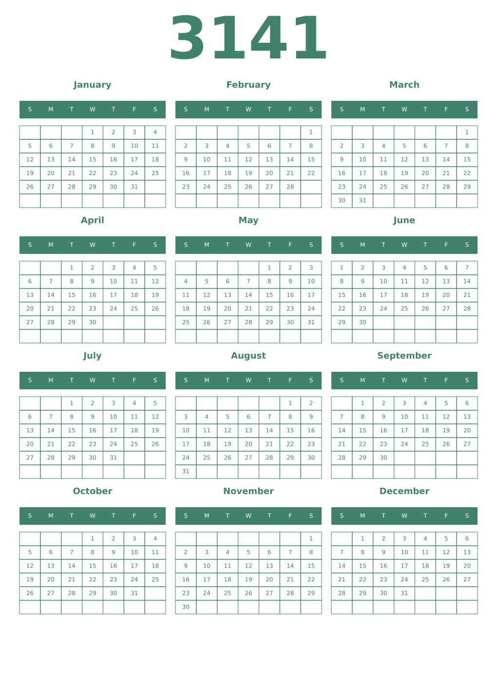 Printable 3141 Year Calendars viridian