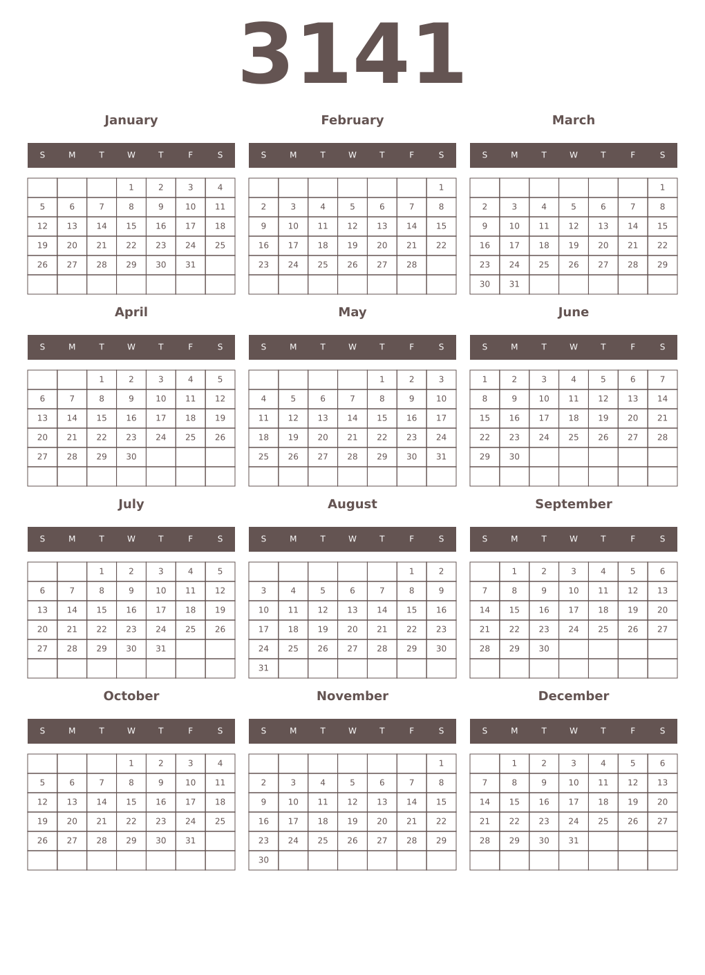 Printable 3141 Year Calendars wenge