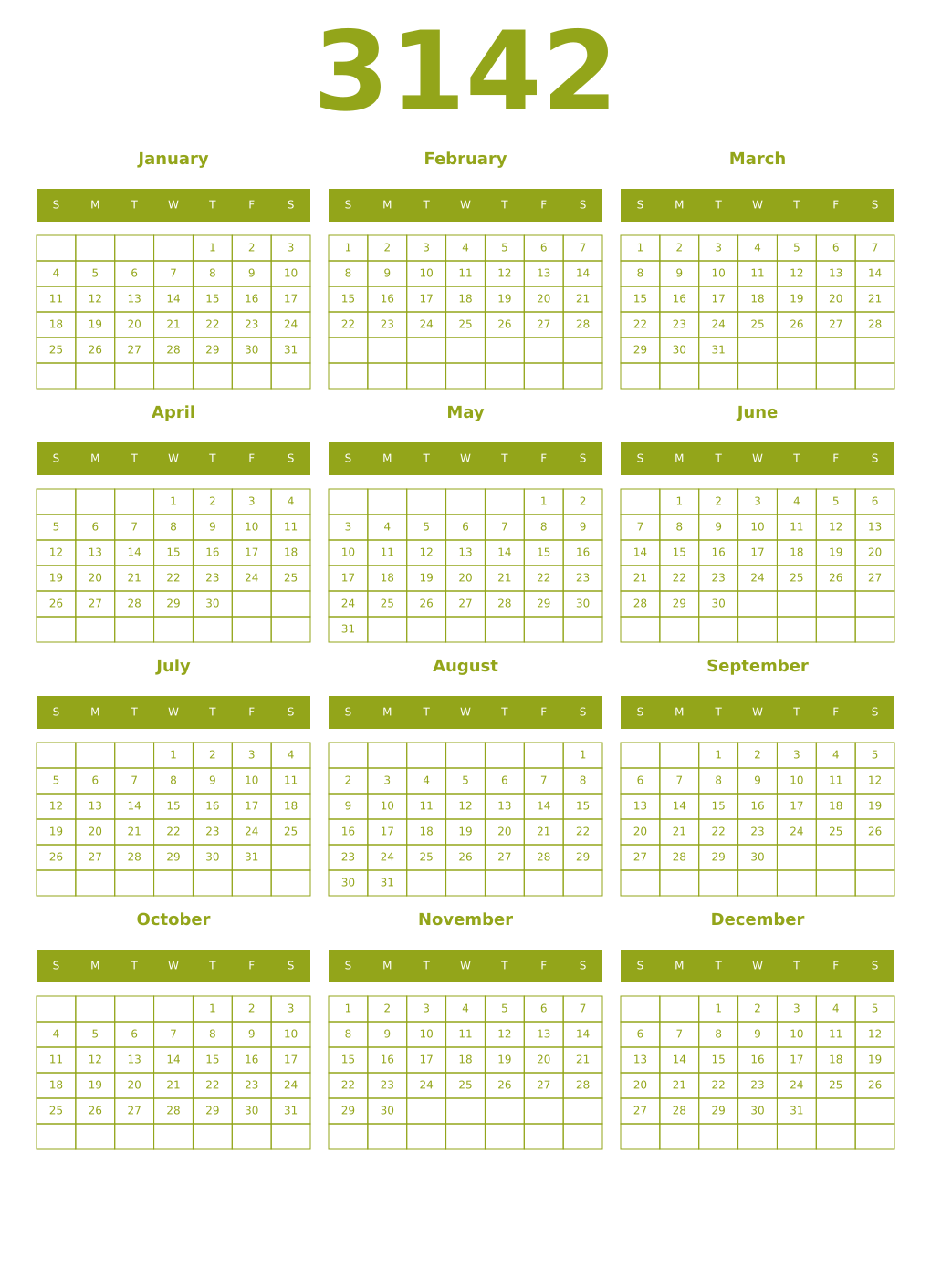 Printable 3142 Year Calendars chartreuse