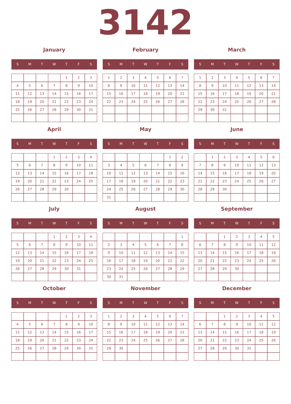 Printable 3142 Year Calendars cordovan