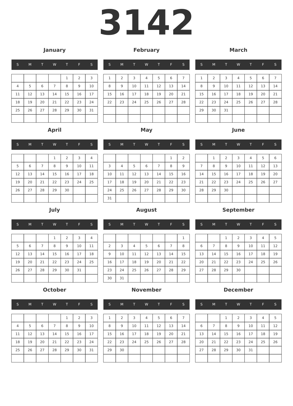 Printable 3142 Year Calendars dark