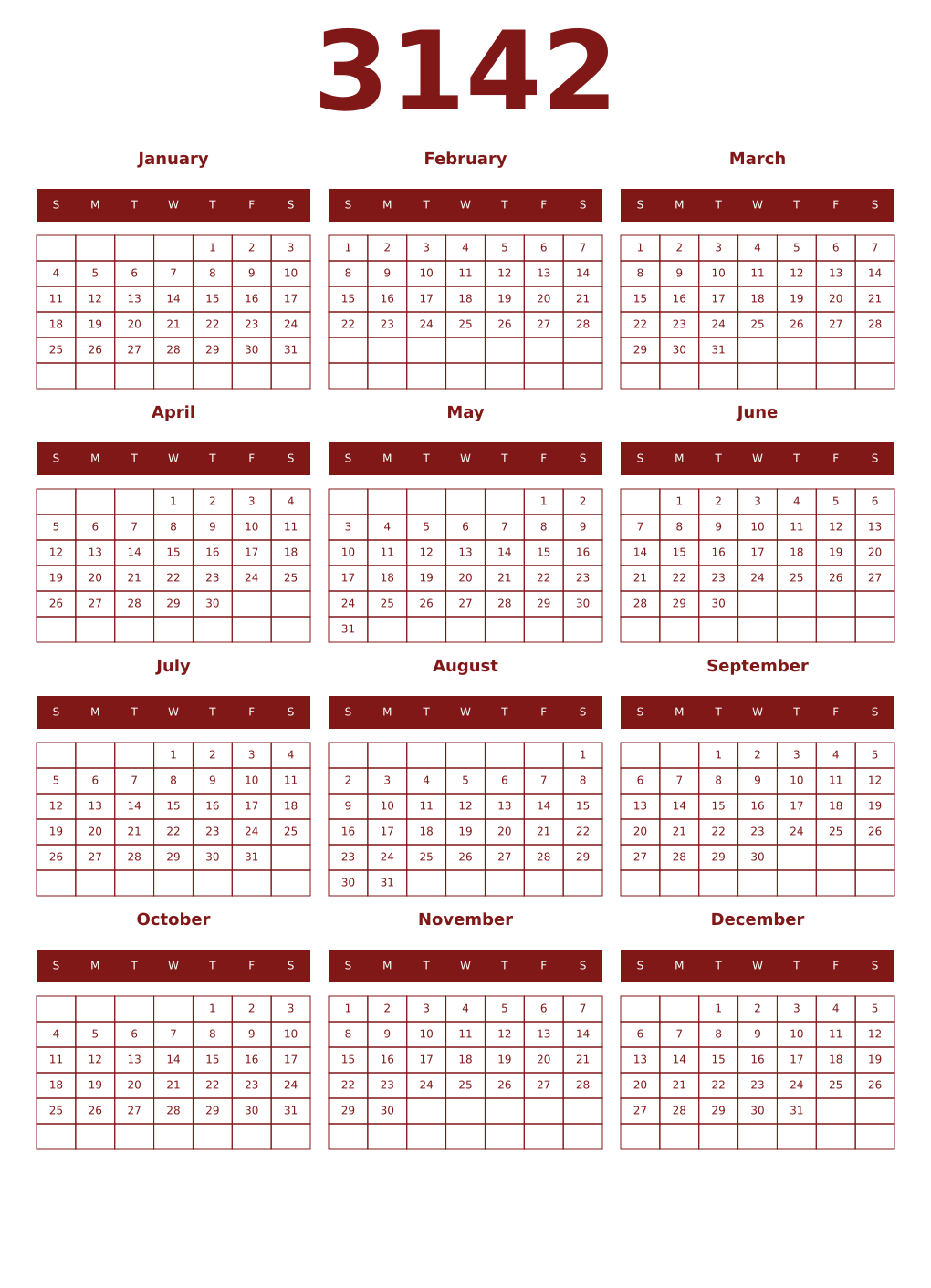 Printable 3142 Year Calendars falu