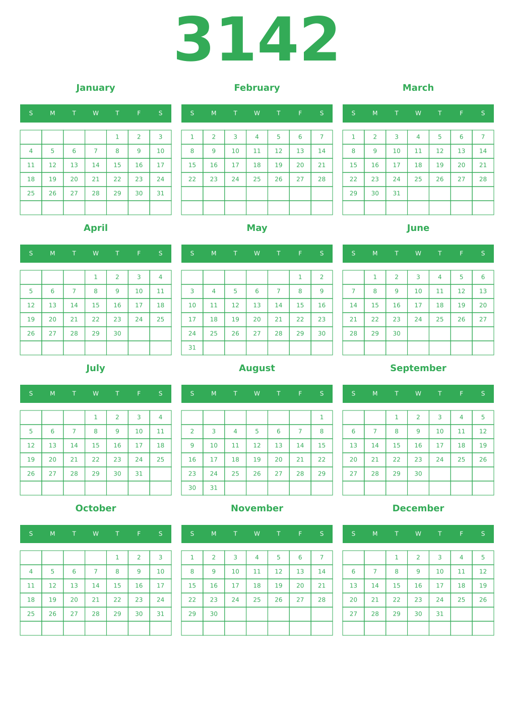Printable 3142 Year Calendars green