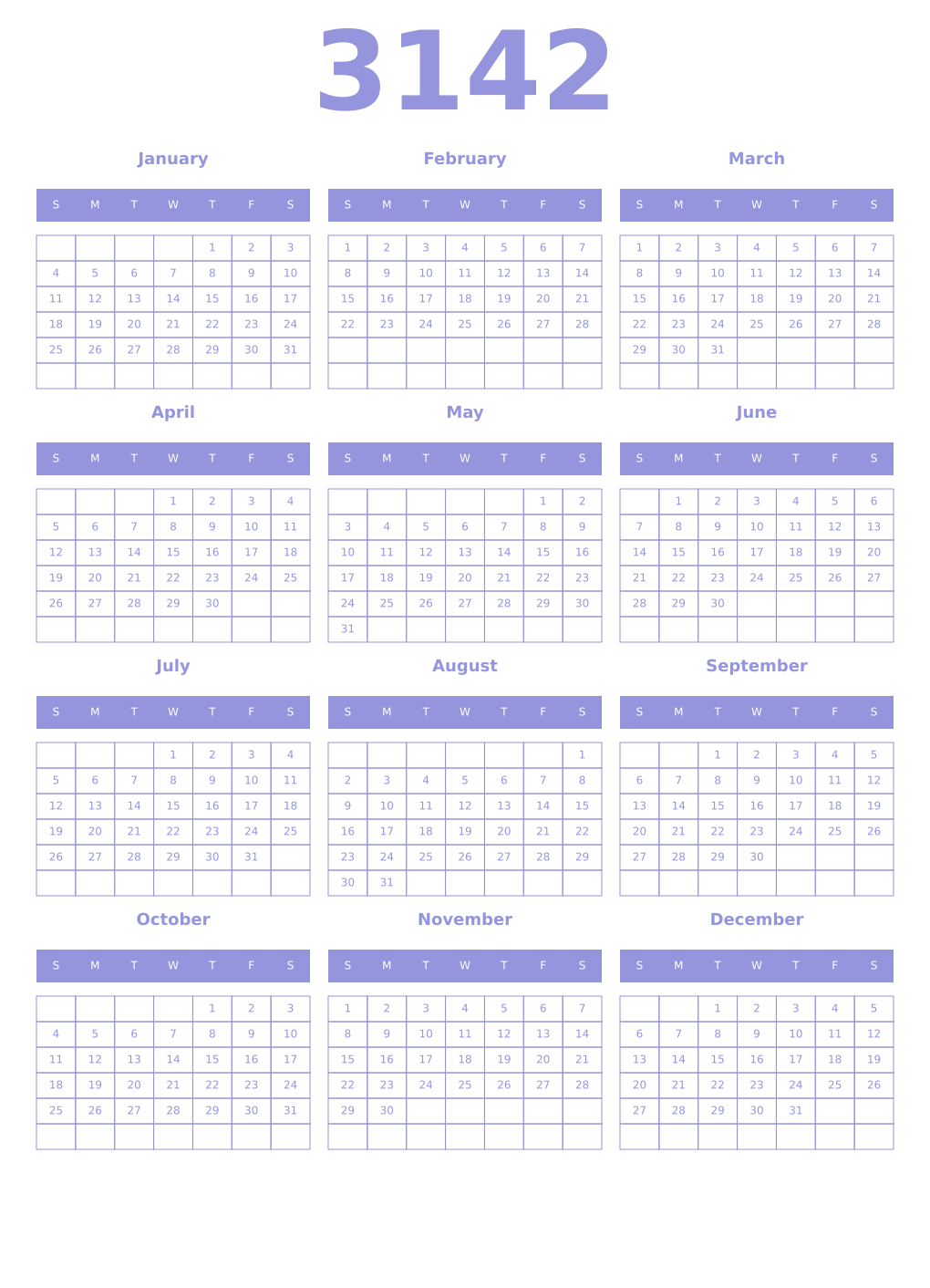 Printable 3142 Year Calendars periwinkle