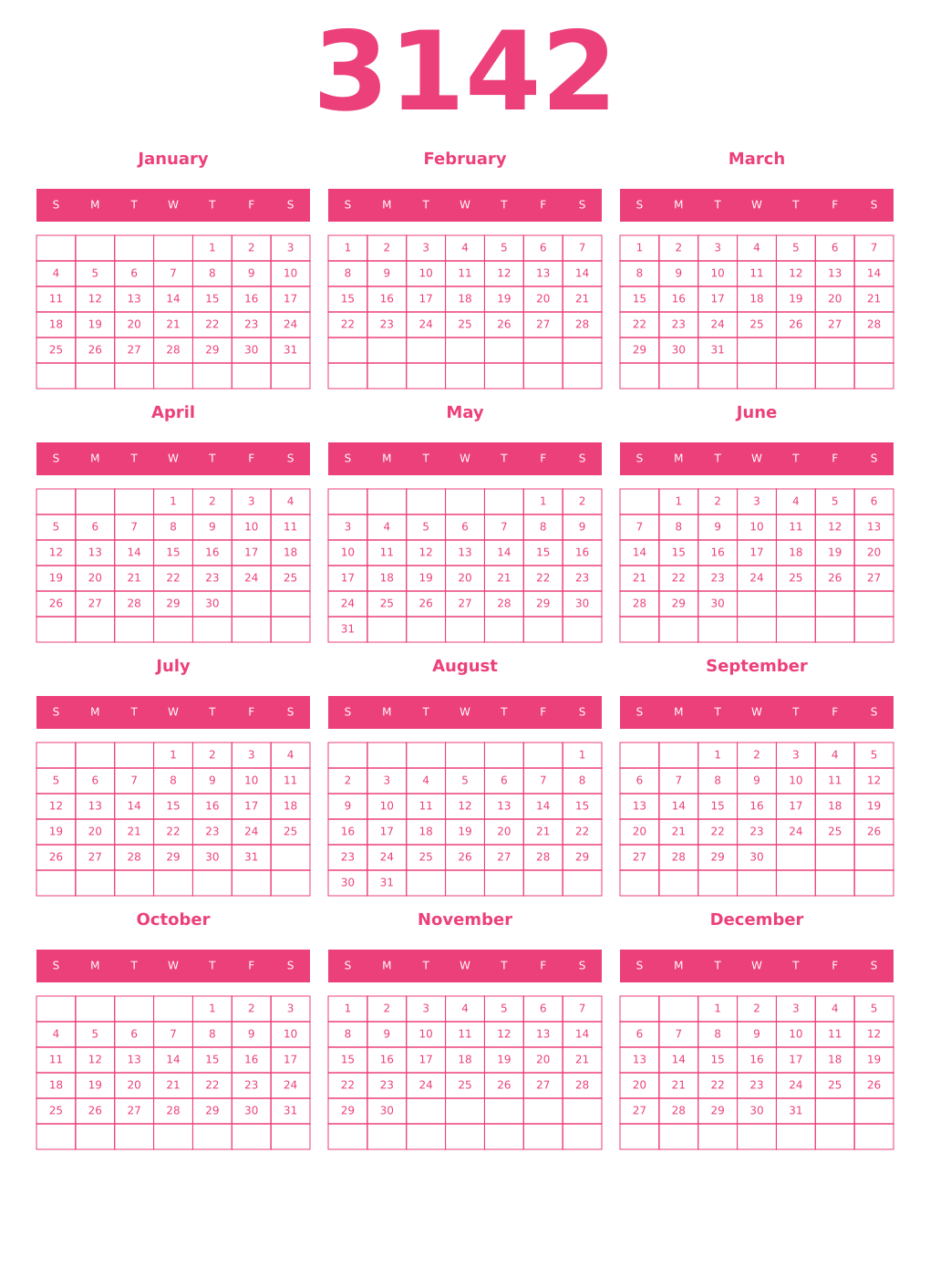 Printable 3142 Year Calendars pink