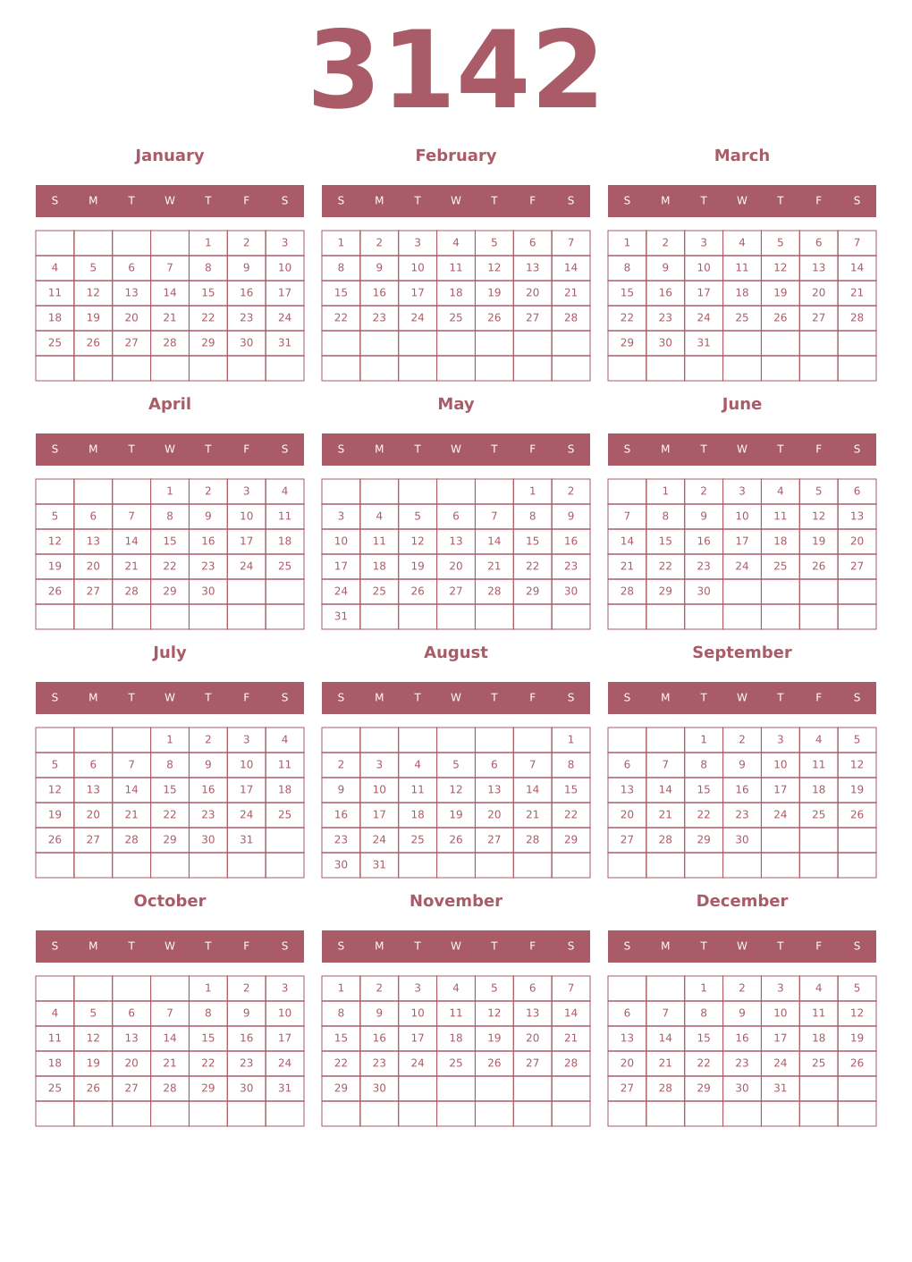 Printable 3142 Year Calendars puce