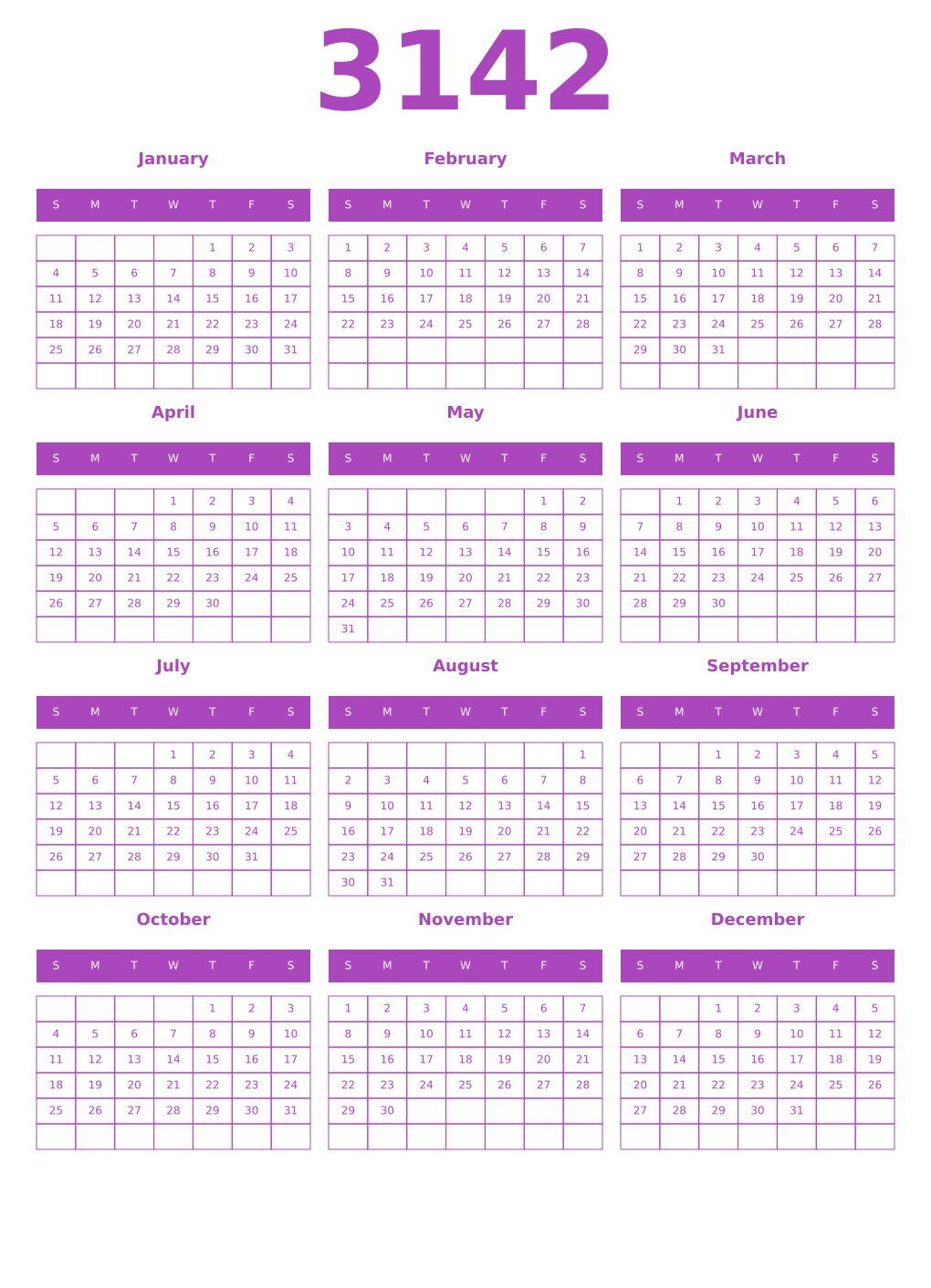 Printable 3142 Year Calendars purple