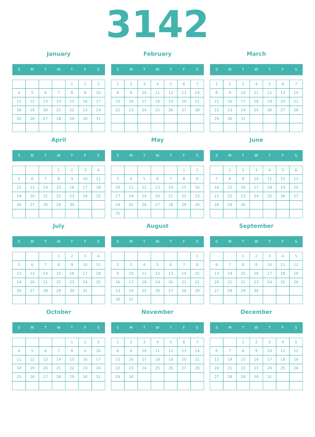 Printable 3142 Year Calendars verdigris